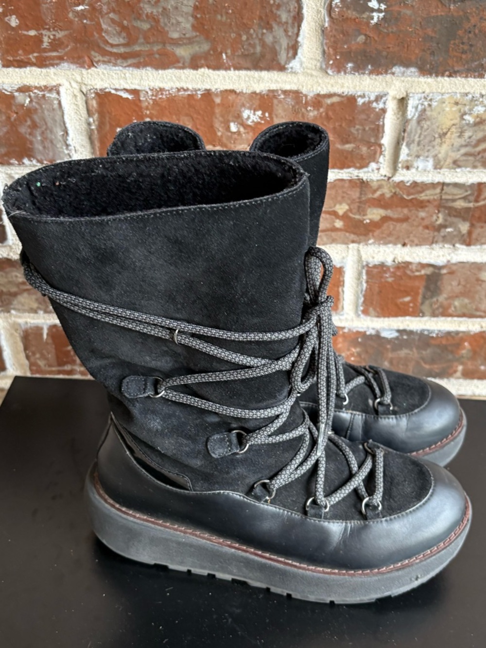 Fitflop Skandi Sherpa Lined Winter Boots Black Lace Up Mid Calf Size 7